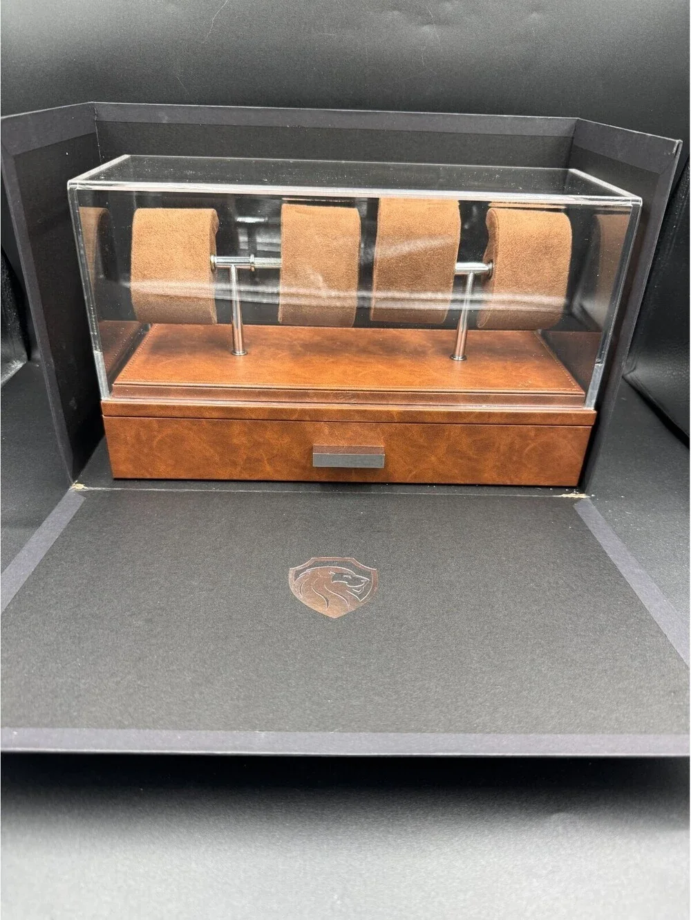 ROTHWELL 4 Slot Leather Watch Box with Valet Drawer - Luxury Case Display Brown
